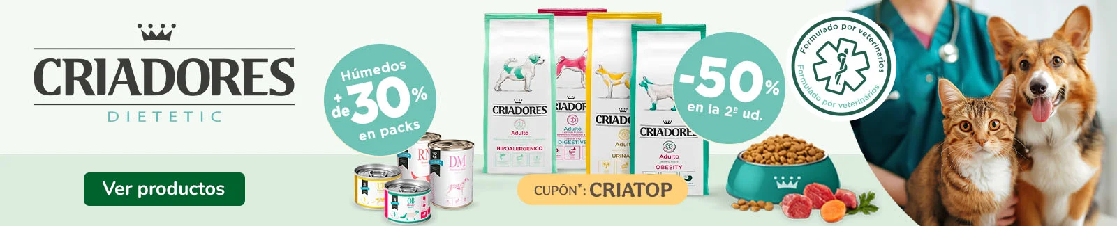 Criadores: 50% dto en la 2&ordf; unidad de pienso veterinario y +30% dto en packs de comida h&uacute;meda para tu peludo.