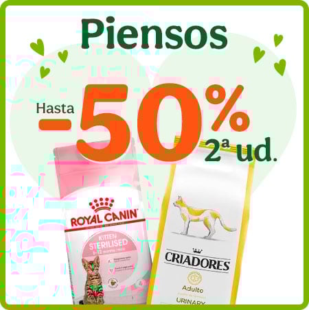 Hasta 50% dto en la 2ª ud de pienso para tu gato.