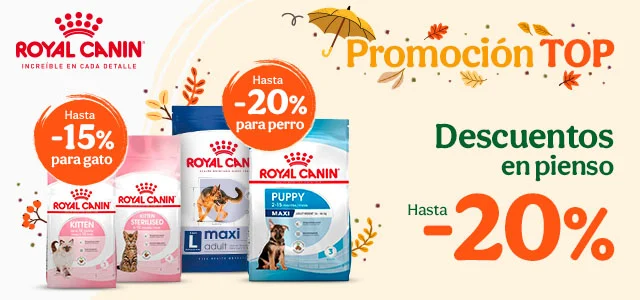 Royal Canin: Hasta 20% dto en pienso perro y hasta 15% dto en pienso gato.