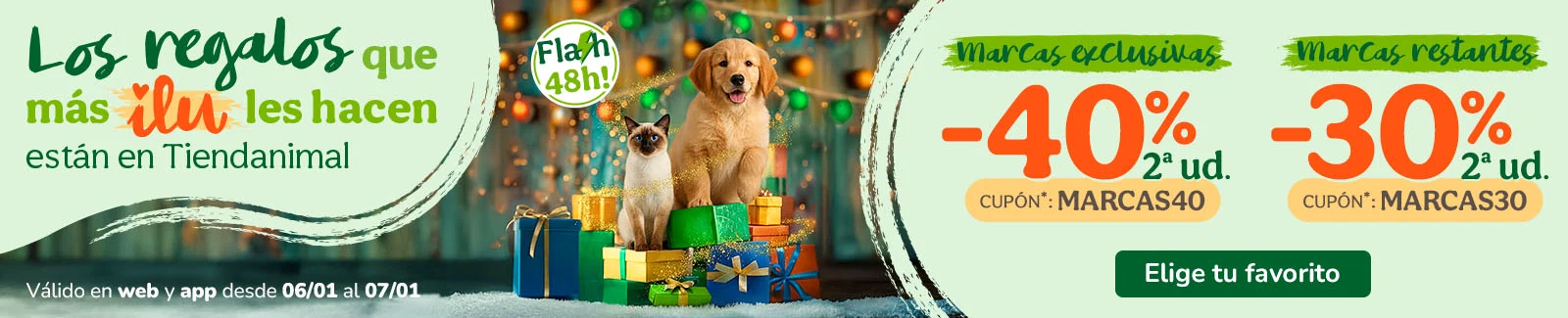 Hasta -40% en la 2&ordf; ud. en alimentaci&oacute;n, accesorios y productos de higiene. Cupones MARCAS40 o MARCAS30