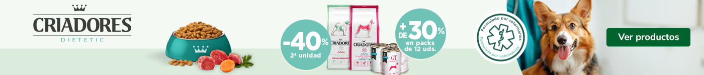 Criadores: 40% dto en la 2ª unidad de pienso veterinario y +30% dto en packs de 12 húmedos para perros.
