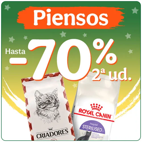 Hasta 70% dto en la 2ª unidad de pienso para gatos.