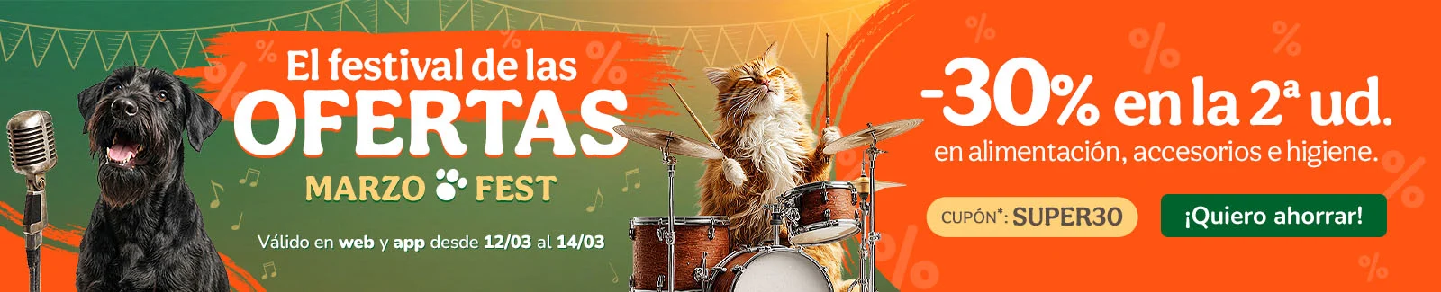 -30% en la 2&ordf; ud. en alimentaci&oacute;n, accesorios y productos de higiene. Cup&oacute;n SUPER30