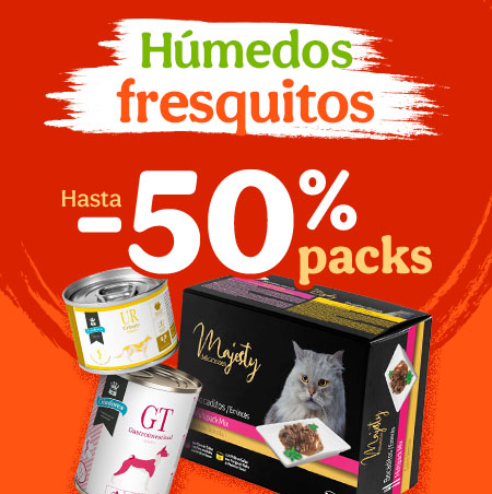 Comida húmeda: Hasta 50% de descuento en packs seleccionados.