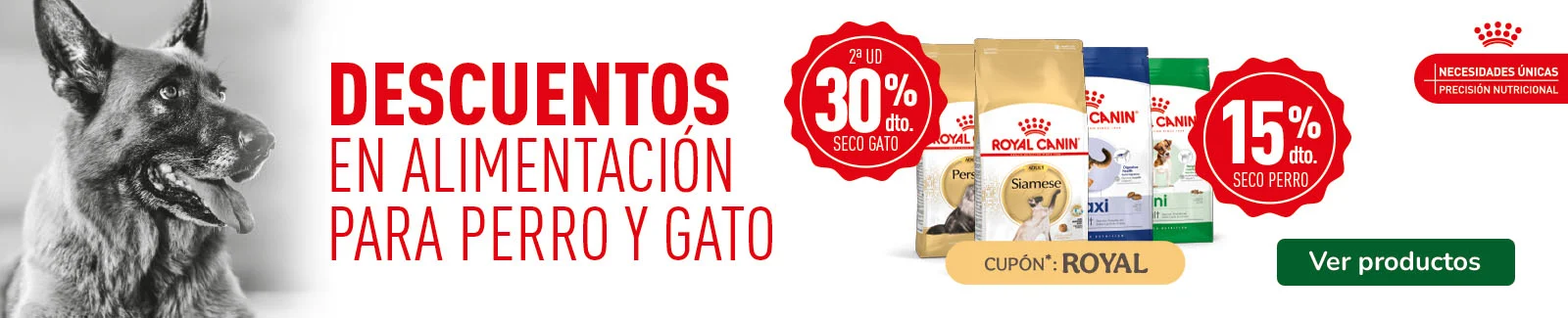 Royal Canin: 15% dto en pienso para perros y 30% dto en la 2&ordf; unidad de pienso para gatos.