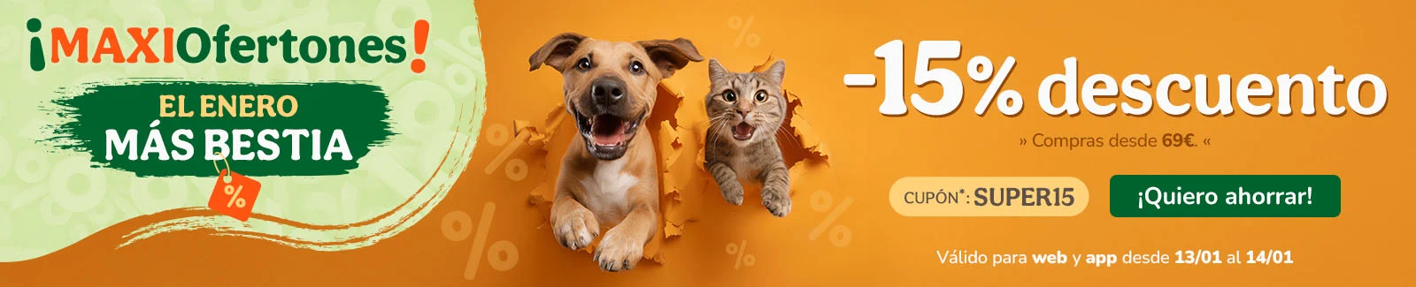 -15% de dto. en alimentaci&oacute;n, accesorios y productos de higiene. Cup&oacute;n SUPER15