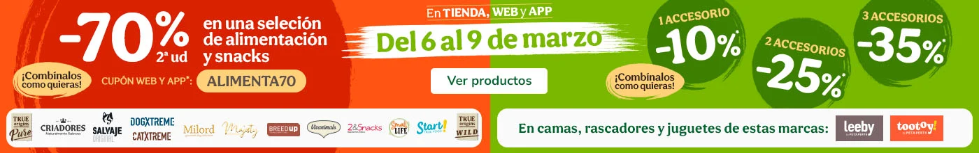 Hasta 70% dto en la 2ª unidad de alimentación y hasta 35% dto en accesorios para tu peludo.