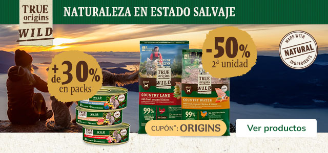 True Origins Wild: 50% dto en la 2ª unidad de pienso y +30% dto en packs de comida húmeda para gatos.