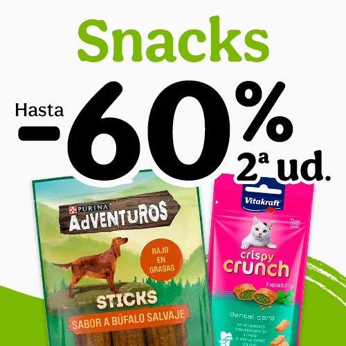 Hasta 60% dto en la 2.ª unidad en snacks para tu peludo.