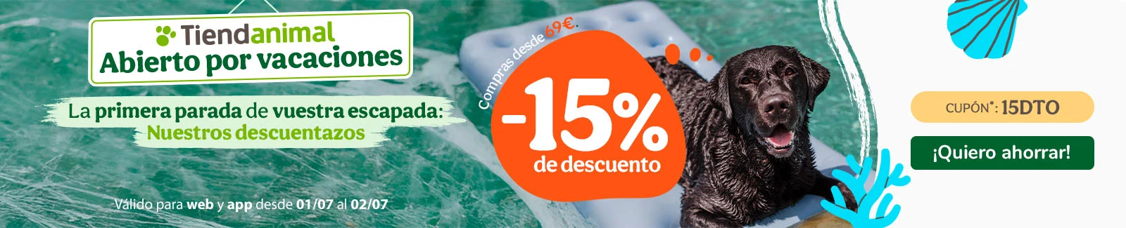 -15% de dto. en alimentación, accesorios y productos de higiene. Cupón 15DTO