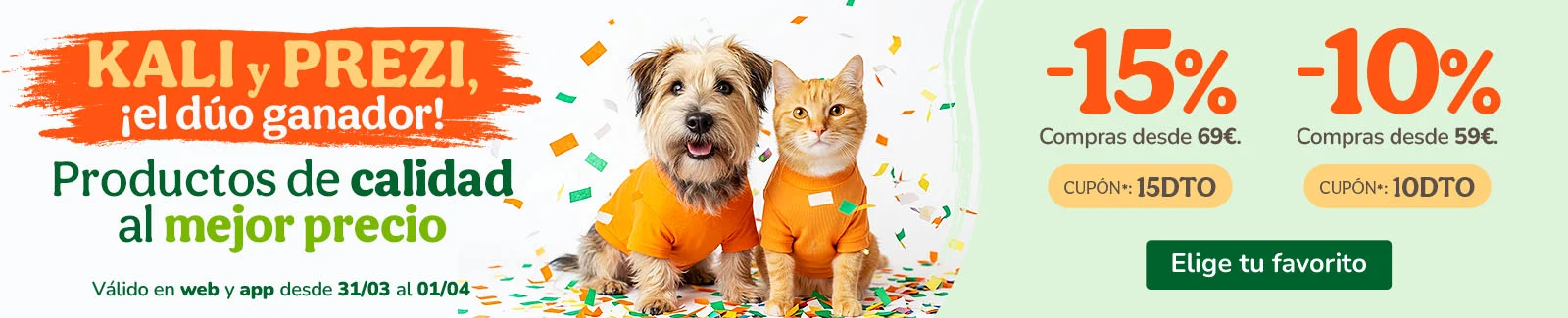 -15% o -10% de dto. en alimentaci&oacute;n, accesorios y productos de higiene. Cup&oacute;n  15DTO o 10DTO