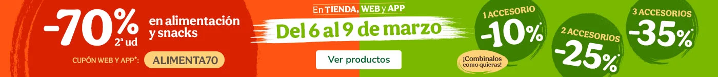 Hasta 70% dto en la 2ª unidad de alimentación y hasta 35% dto en accesorios para tu peludo.