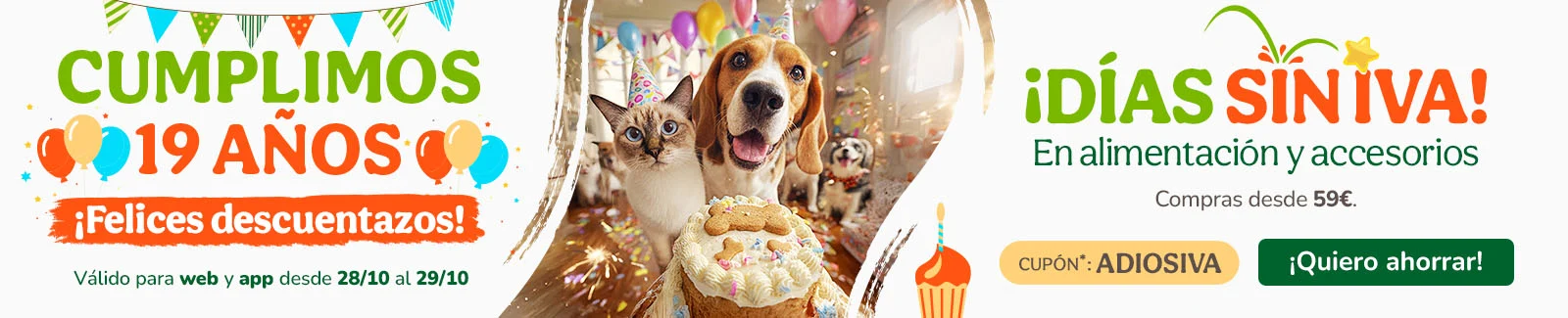 ¡Días sin IVA! En alimentación, accesorios e higiene. Cupón ADIOSIVA