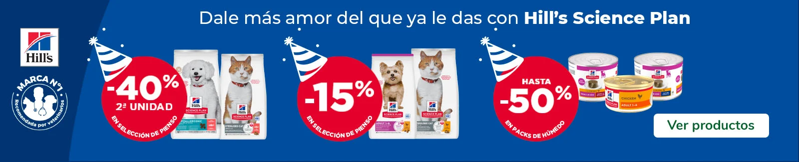 Hill's Science Plan: 40% dto en la 2&ordf; unidad de sacos peque&ntilde;os, 15% dto en sacos grandes de pienso y hasta 50% dto en packs de comida h&uacute;meda para tu peludo.