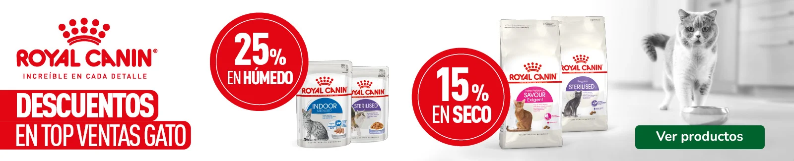 Royal Canin: 15% dto en pienso y 25% dto en pack 48 unidades de comida húmeda para gatos.