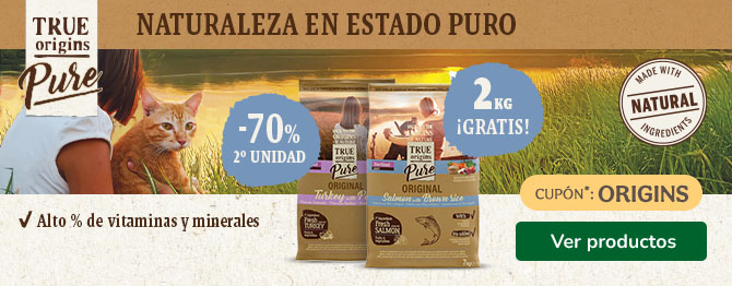 True Origins Pure: 7+2 unidades gratis y 70% de descuento en la segunda unidad de pienso para gatos.