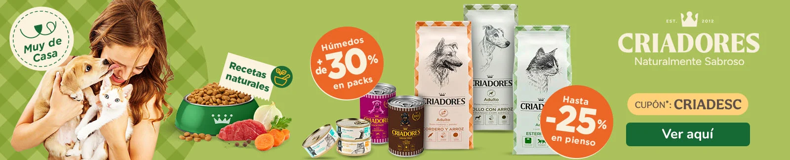 Criadores: Hasta 25% dto en pienso y +30% dto en packs de comida h&uacute;meda para tu peludo.