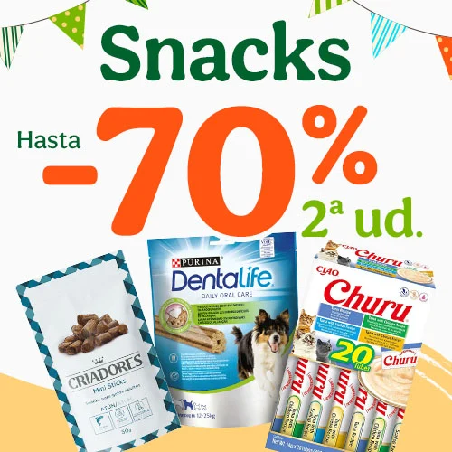 Hasta 70% dto en la 2ª ud en snacks para tu peludo.