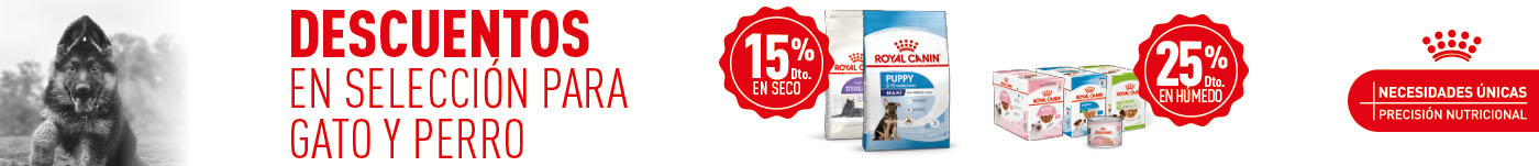 Royal Canin: 15% dto en pienso y 25% dto en packs de comida húmeda para tu peludo.
