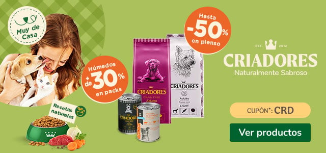 Criadores: Hasta 50% dto en la 2ª unidad de pienso y +30% dto en packs de comida húmeda para perros.