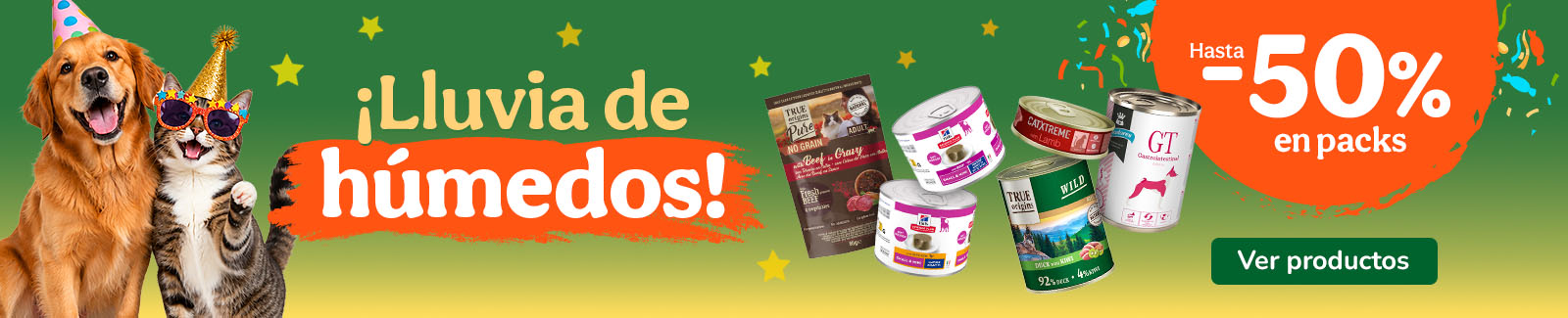 Hasta 50% dto en packs de comida h&uacute;meda para tu peludo.