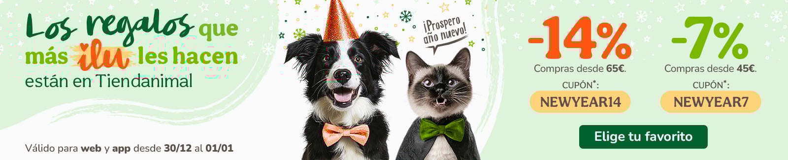 -14% o -7%  de dto. en alimentaci&oacute;n, accesorios y productos de higiene. Cup&oacute;n NEWYEAR14 o NEWYEAR7