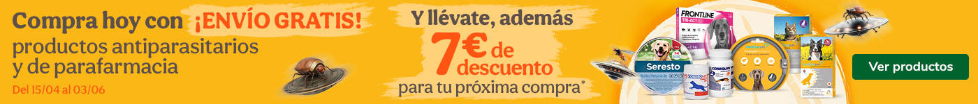 ¡Envio gratis!: con la compra de antiparasitarios y parafarmacia y, además, regalo cupón para tu próxima compra.