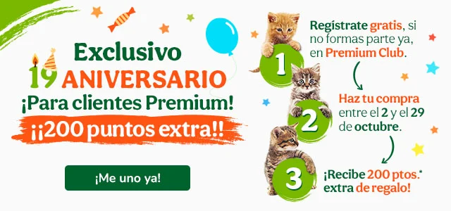¡Aniversario Tiendanimal! Hazte premium y consigue 200 puntos con tu compra.