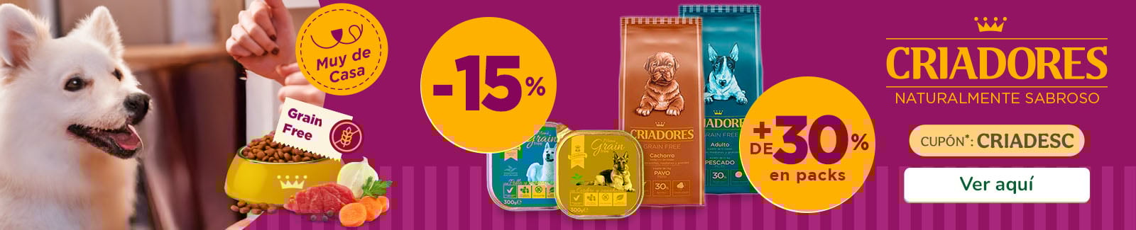 Criadores Grain Free: ¡Obtén un 15% de descuento en piensos y más del 30% en húmedos  para tu perro!