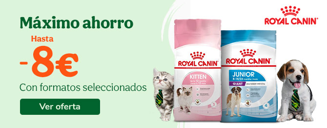 Hasta 8€ dto en formatos seleccionados de razas Royal Canin para perro y gato