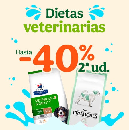 Dietas veterinarias para perros: Hasta 40% de descuento en la segunda unidad de dietas para perros.