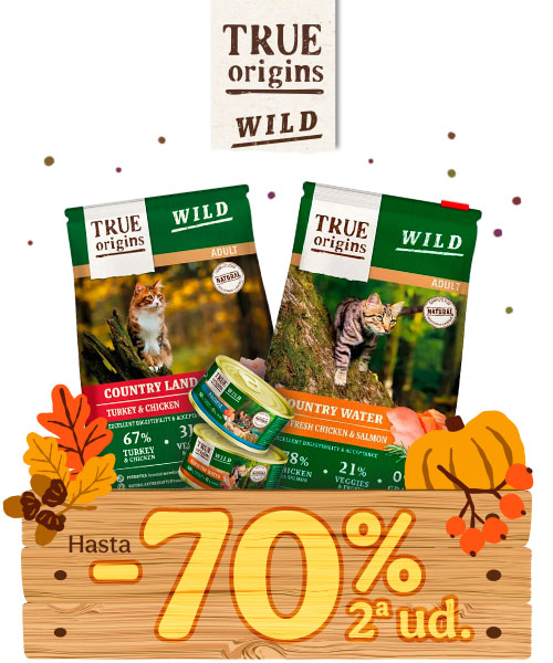 True Origins Wild: Hasta 70% dto en la 2ª unidad de piensos y más del 30% dto en packs húmedos para gatos.