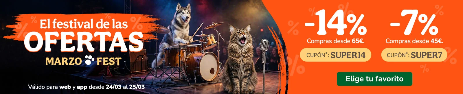 -14% o -7%  de dto. en alimentaci&oacute;n, accesorios y productos de higiene. Cup&oacute;n SUPER14 o SUPER7.