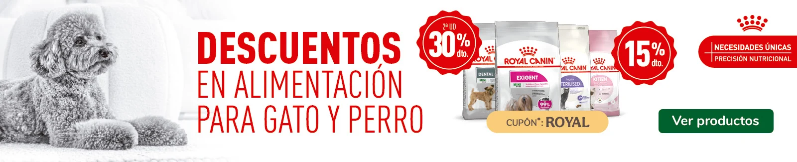 Royal Canin: 15% dto en pienso para gatos y 30% dto en la 2&ordf; unidad de pienso para perros.