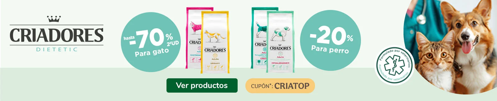 Criadores: 20% dto en pienso veterinario para perros y hasta 70% dto en la 2&ordf; unidad de pienso veterinario para gatos.