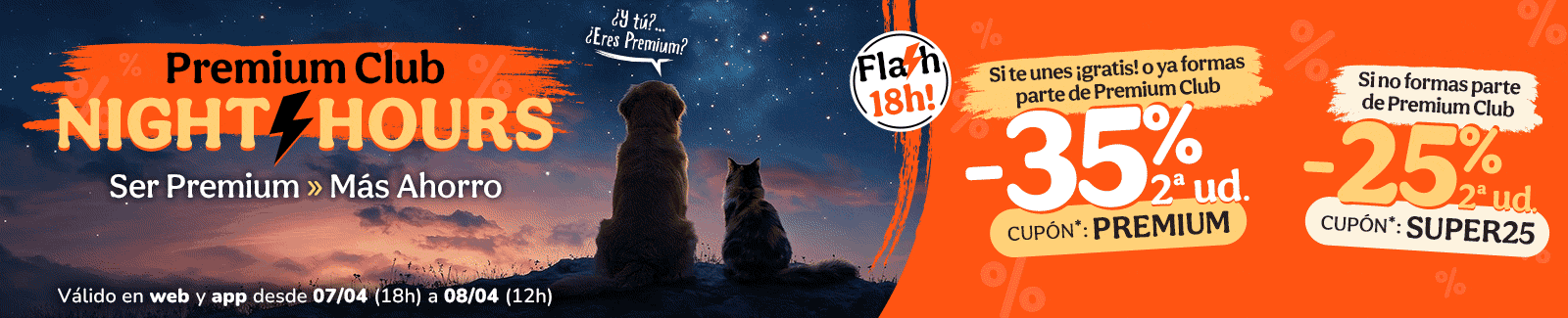 -35% en la 2ª ud. en alimentación, accesorios y productos de higiene. Cupón PREMIUMNIGHT