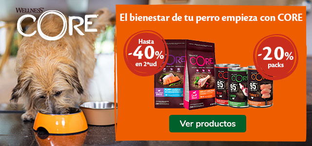 Wellness Core: Hasta 40% dto en la 2ª unidad de pienso y 20% dto en packs de comida húmeda para perros.