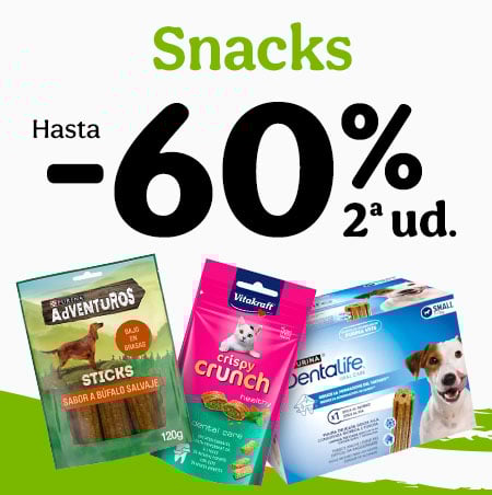 Hasta 60% dto en la 2.ª unidad en snacks para tu peludo.