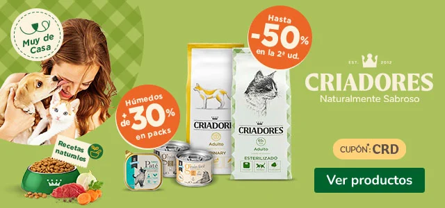 Criadores: Hasta 50% dto en la 2ª unidad de pienso y +30% dto en packs de comida húmeda para gatos.