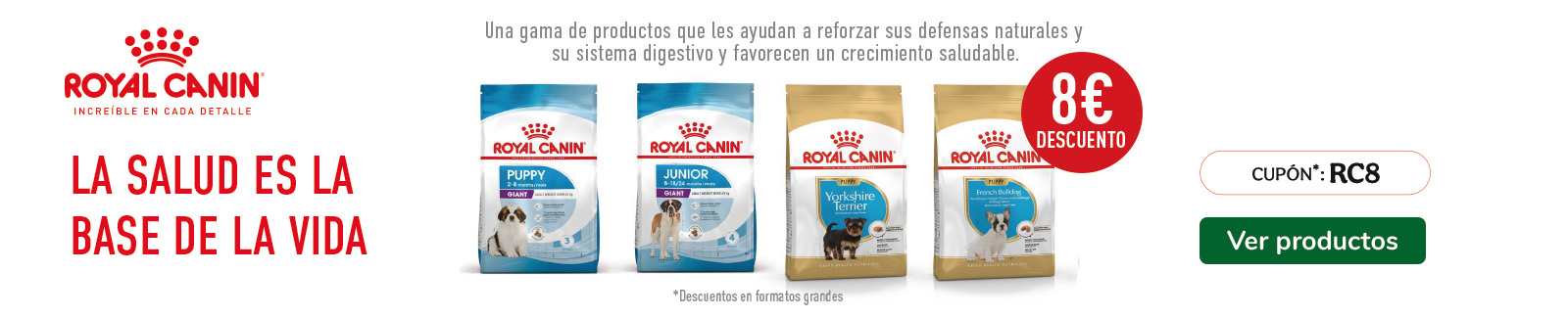 Hasta 8€ dto en formatos seleccionados de razas Royal Canin para perro y gato