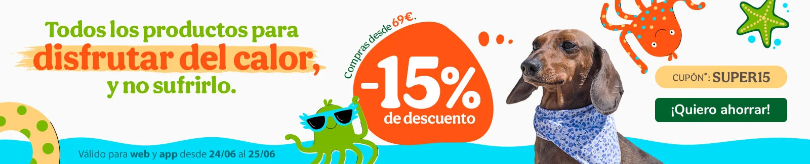 -15% de dto. en alimentación, accesorios y productos de higiene. Cupón SUPER15