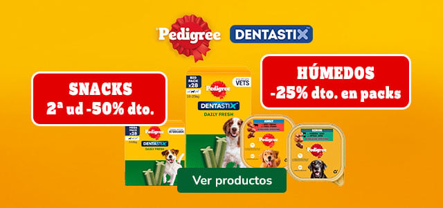 Pedigree: 50% dto en la 2ª unidad de snacks y hasta 25% dto en packs de comida húmeda para perros.