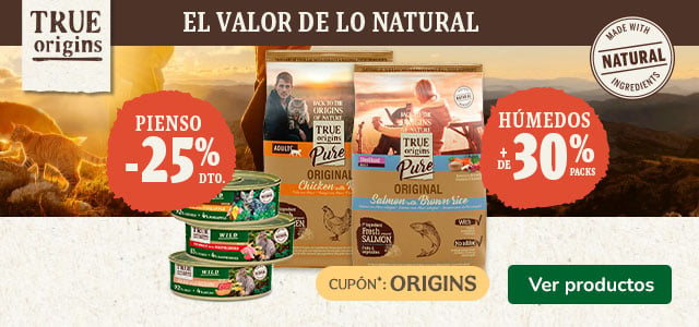 True Origins: 25% dto en pienso y +30% dto en packs de comida húmeda para gatos.