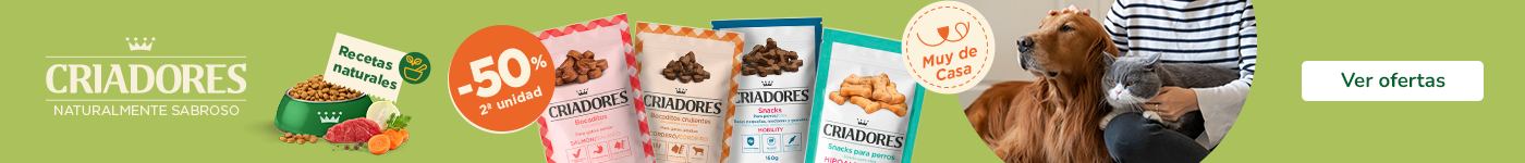 Criadores: 2.ª unidad al 50% dto. en snacks para perros y gatos.
