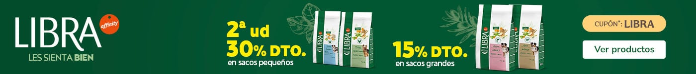 Libra: 30% dto en la 2ª ud de sacos pequeños y 15% dto en sacos grandes de pienso para perros.