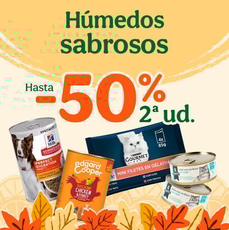 Hasta 50% dto en la 2ªud de húmedos sabrosos para tu peludo.