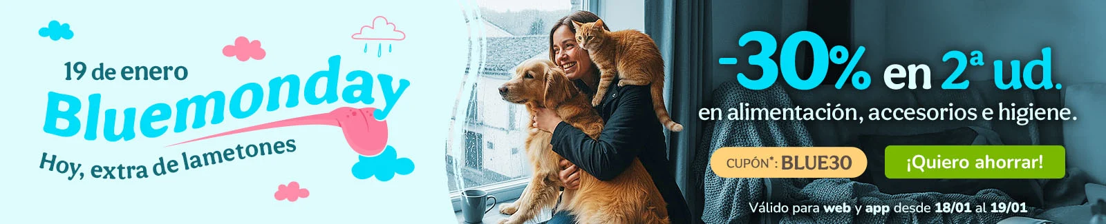 -30% en la 2&ordf; ud. en alimentaci&oacute;n, accesorios y productos de higiene. Cup&oacute;n BLUE30