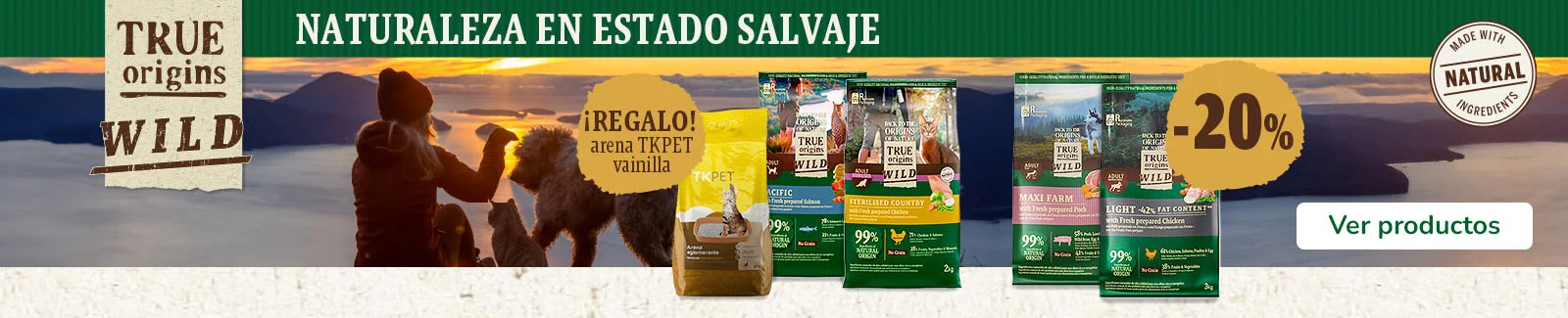 True Origins Wild: Pienso para gatos co regalo de arenas y 20% dto en pienso para perros.