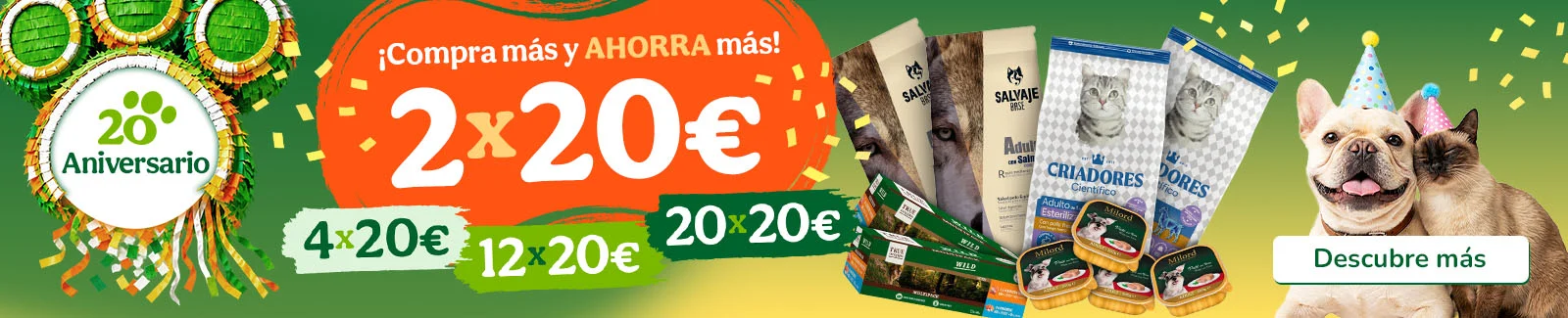 Promociones especiales del 20 aniversario en pienso y comida h&uacute;meda para tu peludo.