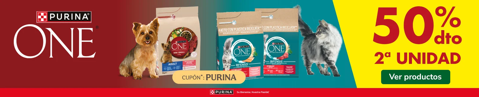 Purina ONE: 50% dto en la 2&ordf; unidad de pienso para tu peludo.